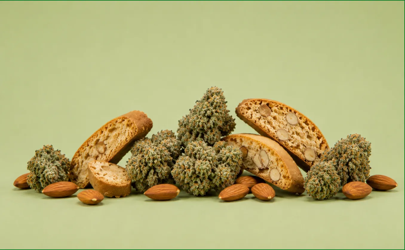Biscotti cannabis buds arranged with biscotti cookies and almonds