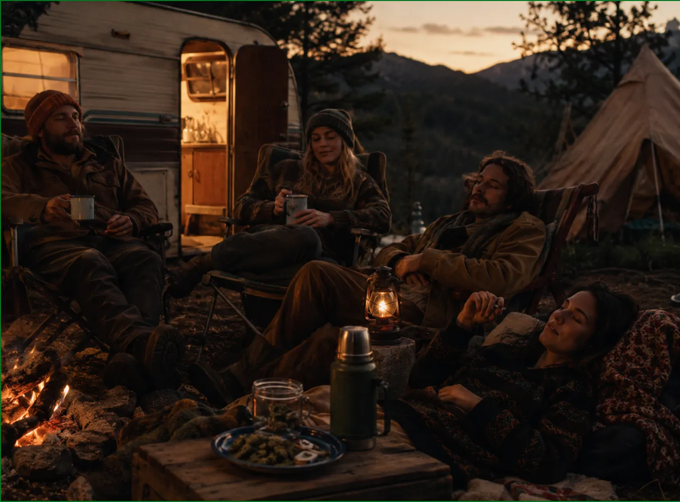Four friends relaxing around a campfire at dusk beside a vintage camper