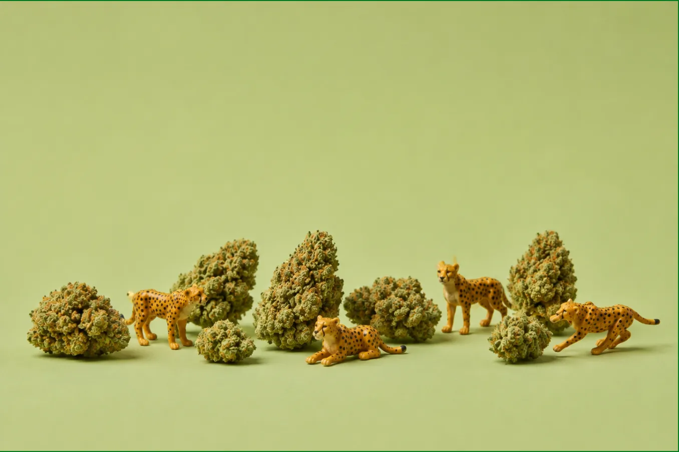 Several trimmed cannabis flower buds of varying sizes arranged on a light green background, surrounded by small toy cheetah figurines