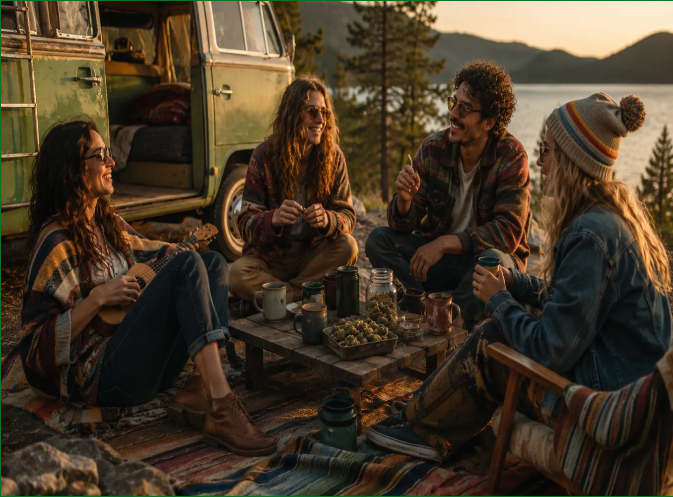 Four friends sitting outdoors at sunset near a vintage van, laughing and talking around a low table with drinks, a jar of cannabis buds, and a guitar, with a lake and mountains in the background