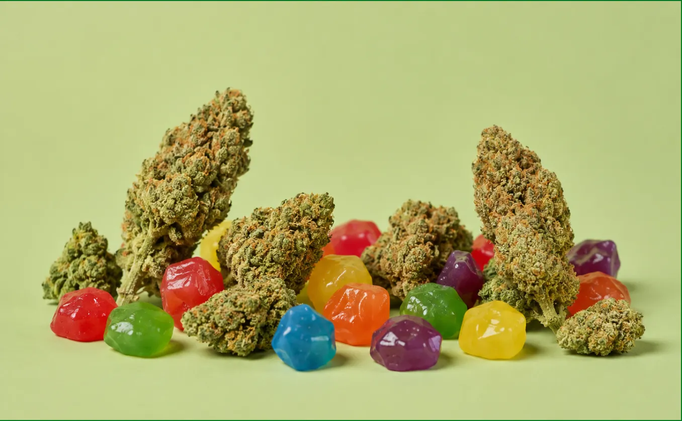 Cannabis buds surrounded by colorful gummy candy pieces on a light green background