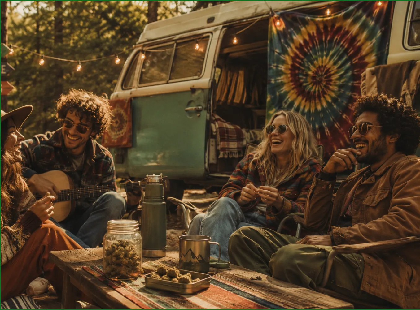 A group of four friends laughing together outside a vintage van at golden hour, with a jar and tray of cannabis buds on the table in front of them