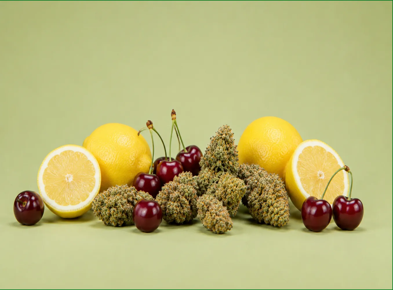 Fresh lemons, cherries, and trimmed cannabis buds arranged together against a light green background.
