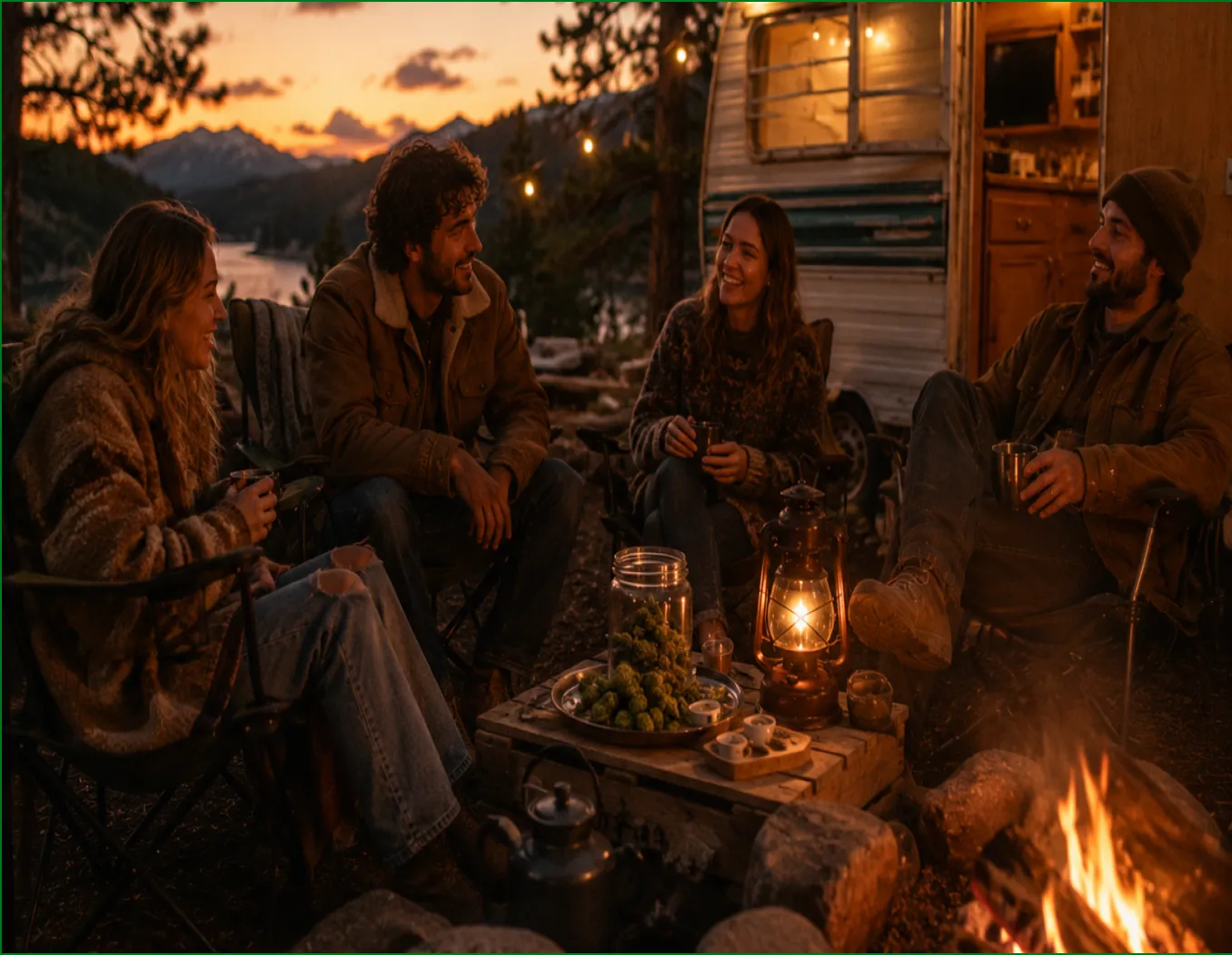 Four friends laughing together around a campfire at dusk next to a camper, with a lit lantern and a glass jar of cannabis buds on a table between them.