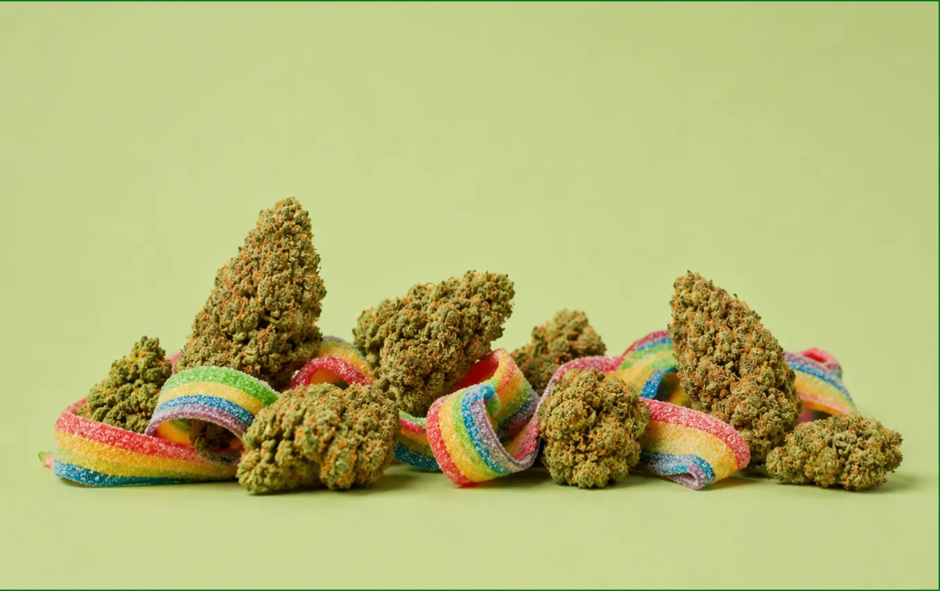 Cured cannabis buds piled together with twists of rainbow sour candy belts on a light green background.