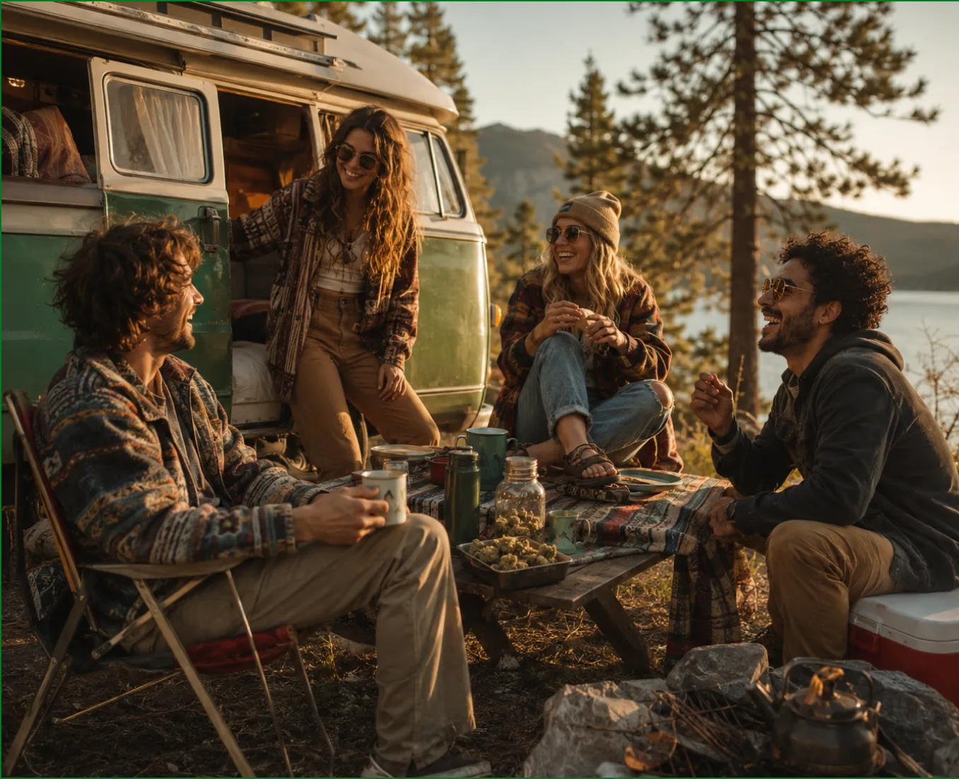 Four friends laughing together at a campsite picnic table next to a green van at sunset by a lake, with a tray of cannabis buds and camp mugs on the table.