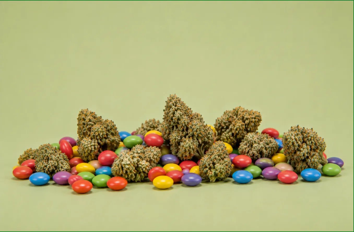 Cannabis flower buds piled together with colorful candy-coated chocolates on a light green background.