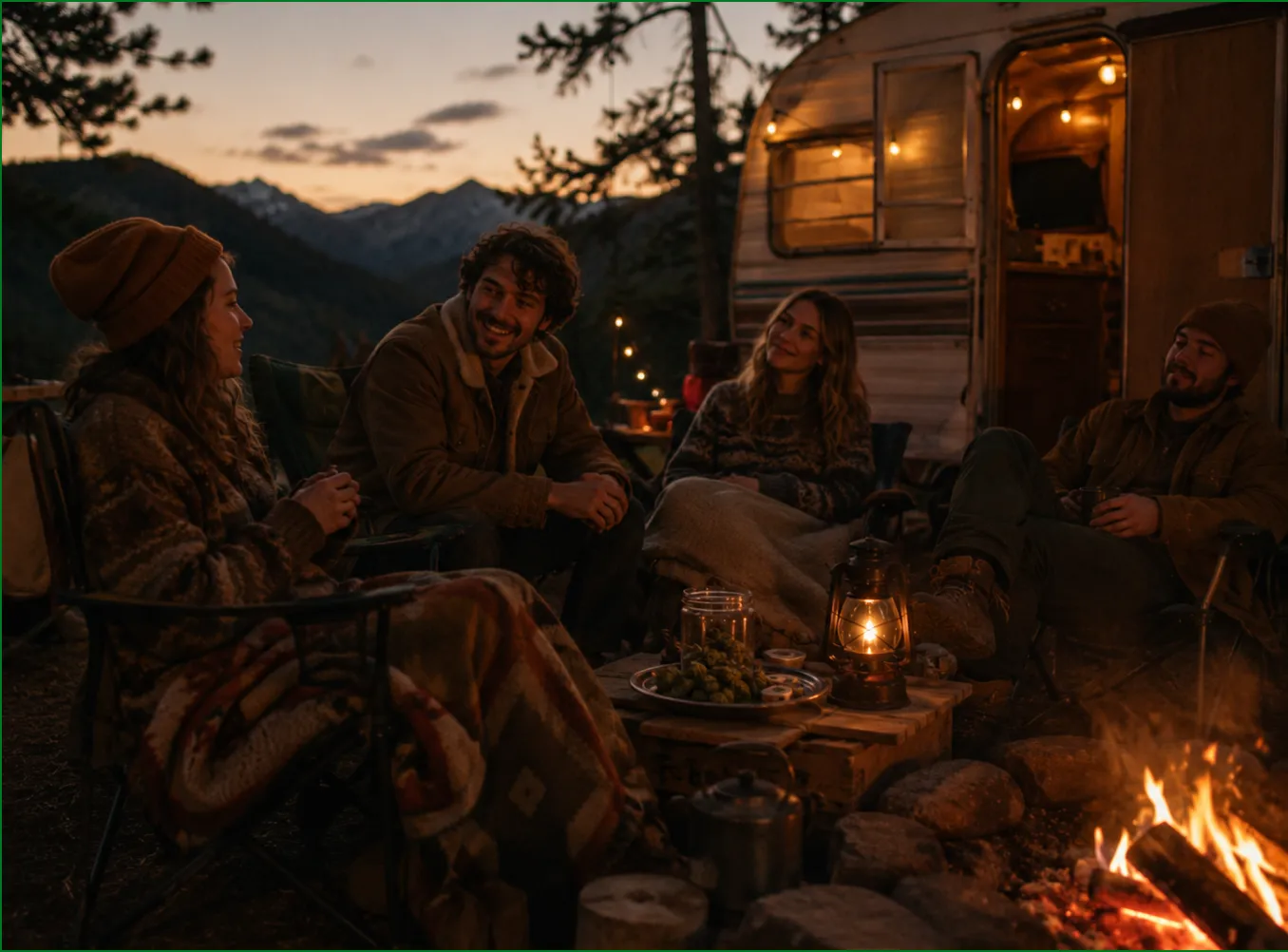 Four friends relaxing around a campfire at dusk beside a vintage camper, with a jar of cannabis buds and a lit lantern on a small table in the foreground.